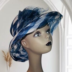 New York Hat Mesh Sun Derby Wedding Tea Church Hat Vintage Blue~White